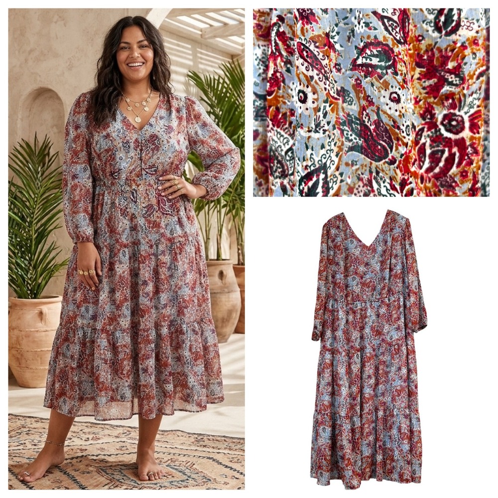 Belle Boho Kim Gravel Paisley Tiered Maxi Dress Plus Size 3X‎ Resort Cottagecore